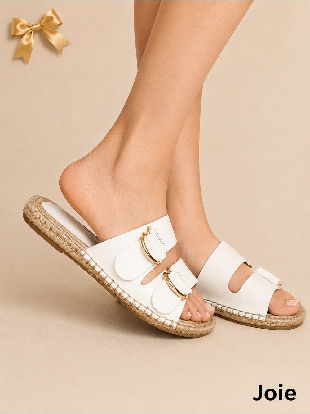 Joie Leather Slide Sandals White Espadrille Double Strap Gold Hardware Size 6